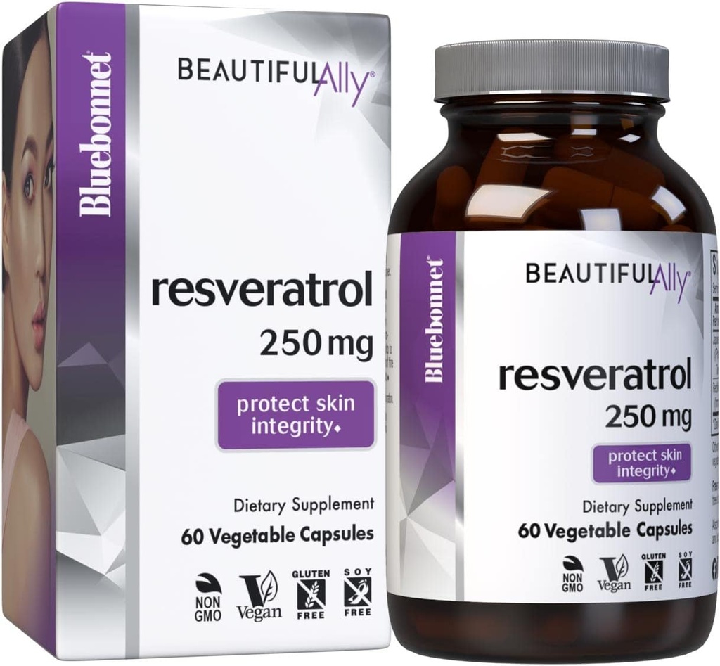 Bluebonnet Nutrizione Bella Ally Resveratrolo 250mg, Migliore per la pelle, Antiossidante, Bellezza Nutriente, Vegan, Vegetariano, Non OGM, Gluten Free, Soy Free, 60 Capsule vegetali, 60 Serve