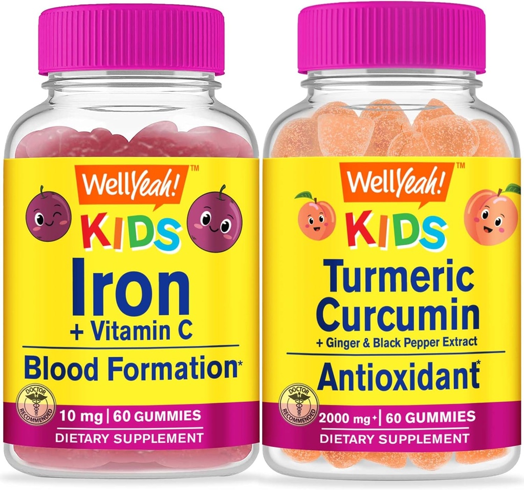 WellYes ferro + vitamina C bambini + curcumina curcuma erboristica bambini, gommoni Bundle - Grande degustazione, supplemento di vitamina, senza glutine, OGM libero, pancia masticabile