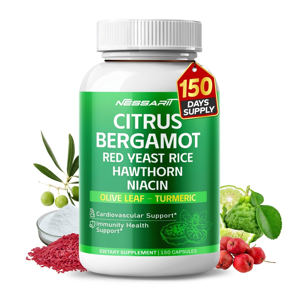 Citrus Bergamot Supplemento - 15-in-1 Miscela naturale con rosso lievito di riso Hawthorn Olive Leaf Odorless Aglio Turco Ginger Fenugreek - 150 Conte - Made & Tested in the USA