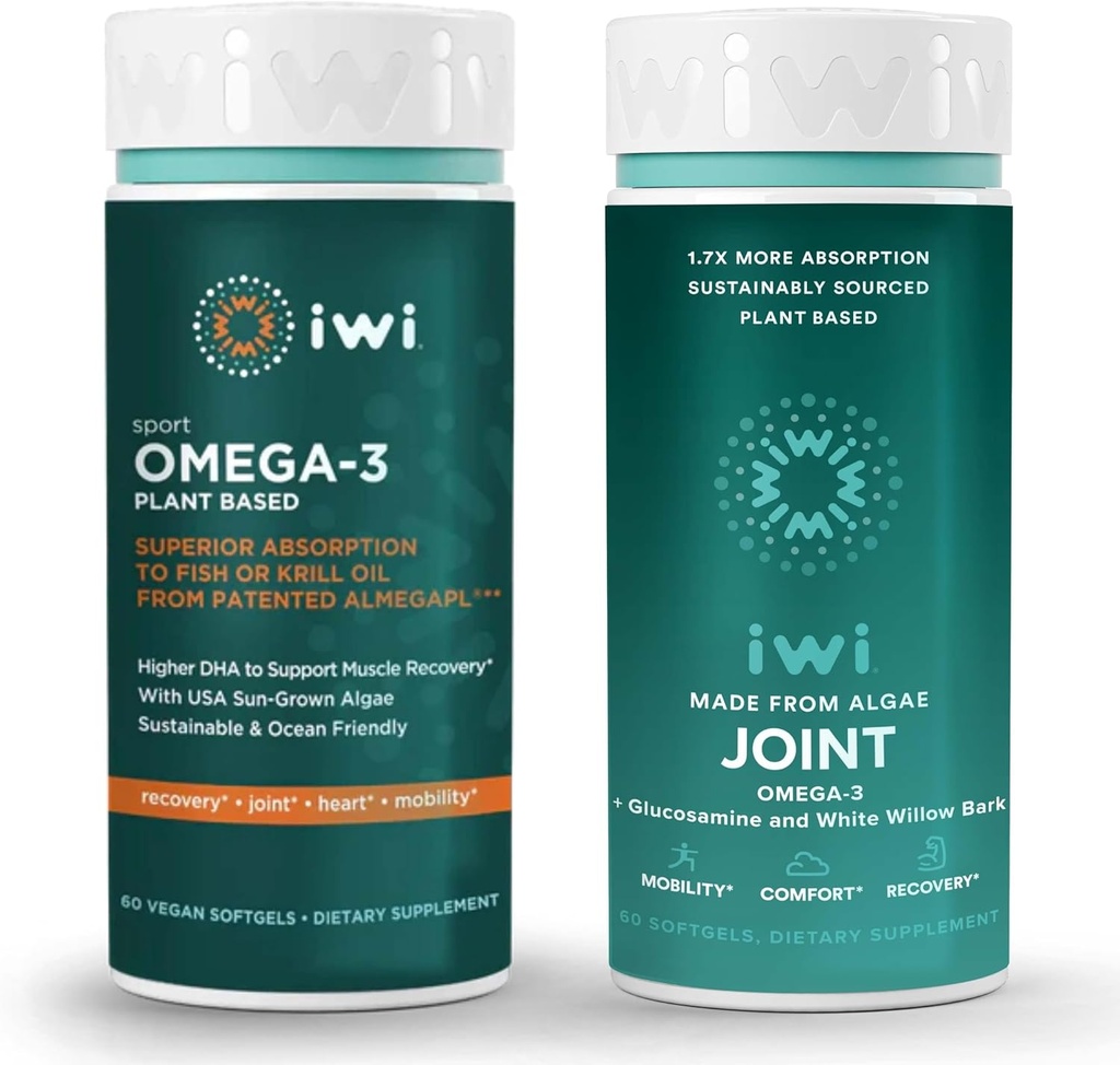 iwi Omega-3 Sport & Joint Omega-3 Bundle, 30 Serve, Vegan Plant-Based Algae Omega 3, Krill & Fish Oil Alternative, No Fishy Aftertaste