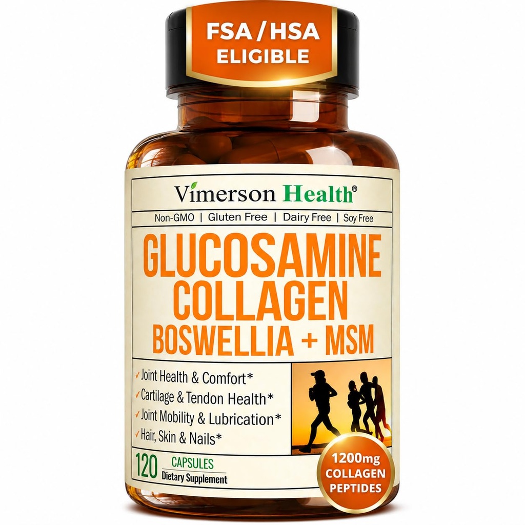 Glucosamina Condroitin MSM con Peptidi di collagene idrolizzati - Integratore di supporto congiunto con Quercetina, Bromelain & Boswellia Extract - Pillole di collagene per unghie della pelle dei capelli - FSA Eligible 120 Caps