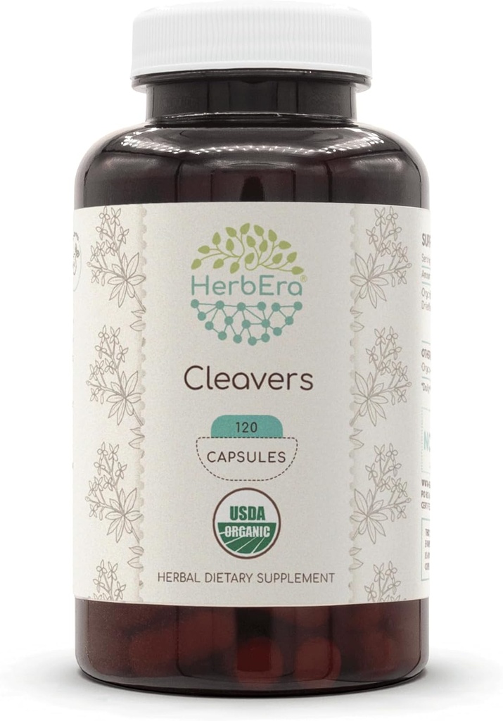 HerbEra Cleavers USDA Organic 120 Capsule | Natural Herbal Supplement | Capsule Vegetariani Organici Certificati e Organic Cleavers (Galium aparine) Erbe secca (120 Capsule)
