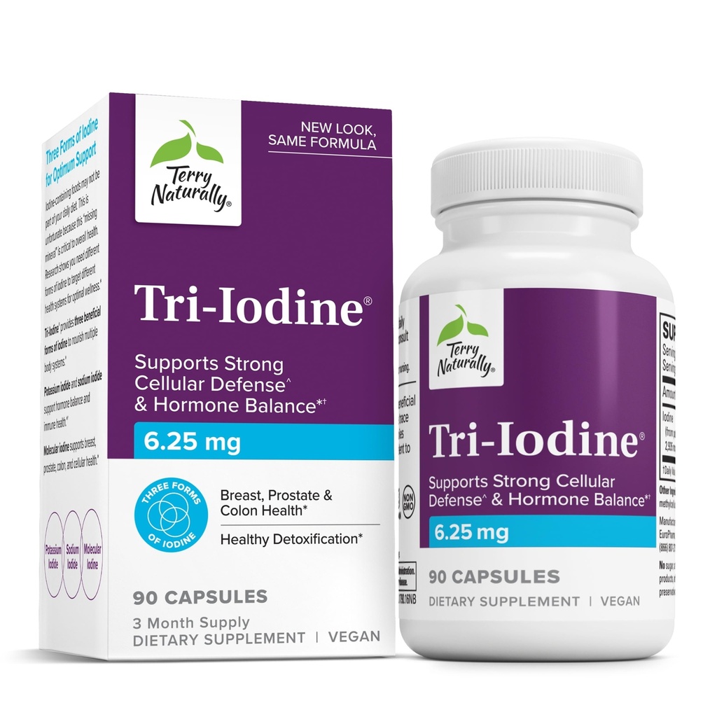 Terry Naturally Tri-Iodine - Sostenere la salute della tiroide - aiuta l'equilibrio dell'ormone con l'iodio molecolare da Kelp - Caratteristiche Idiota di potassio & Sodium - Brain & Energy Support - 6.25mg, 90 Capsule