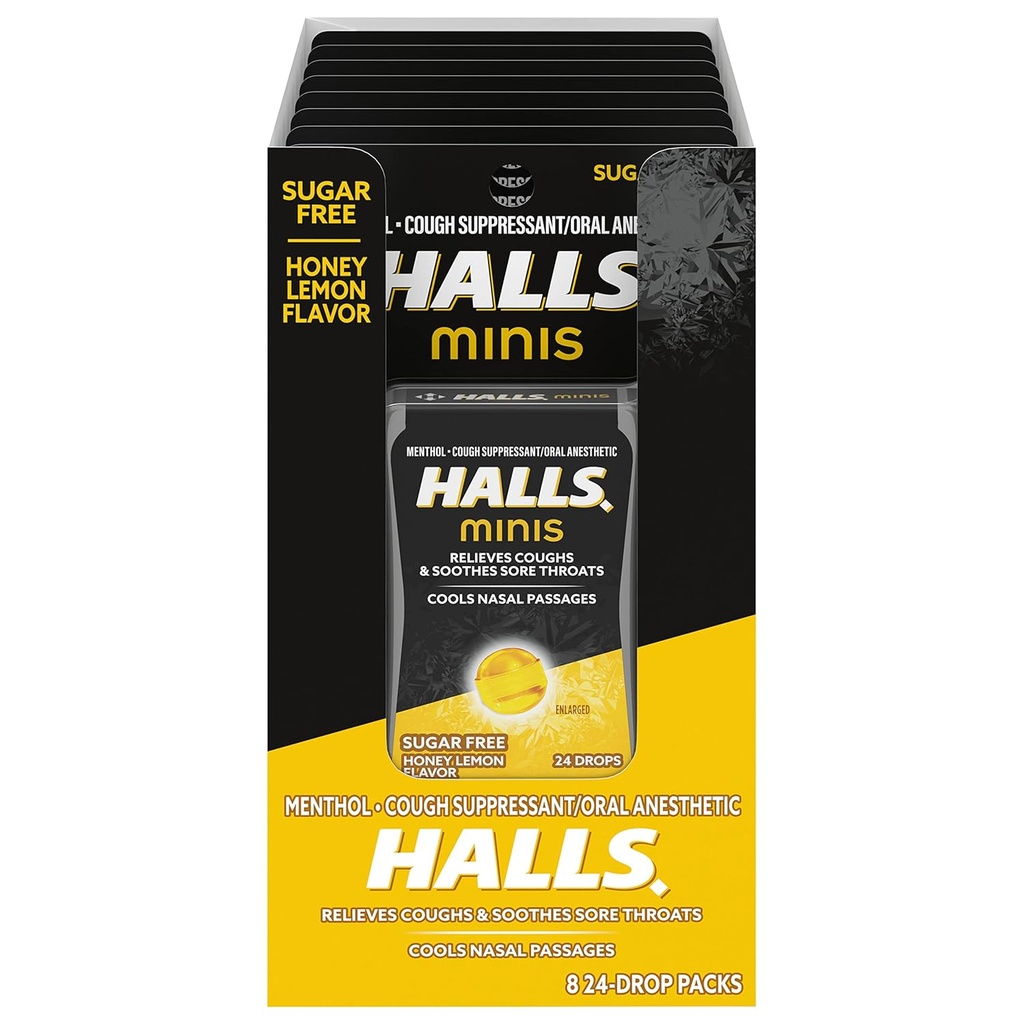 HALLS Minis Honey Lemon Flavor Sugar Gocce di tosse gratuite, 8 confezioni da 24 gocce (192 gocce totali)