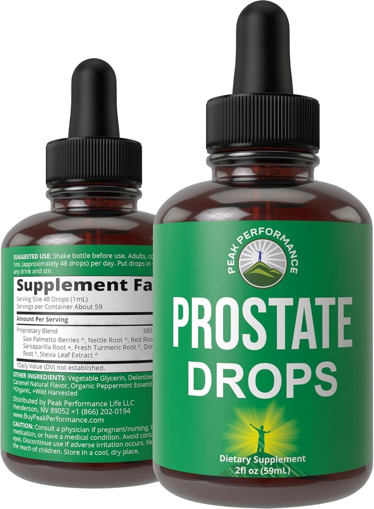 Supplemento di supporto alla prostata per la salute degli uomini. Vegan Kosher Salute della prostata Gocce liquide con sega organica Palmetto, ortica, curcuma, menta piperita, selvaggia sarsaparilla + radice rossa
