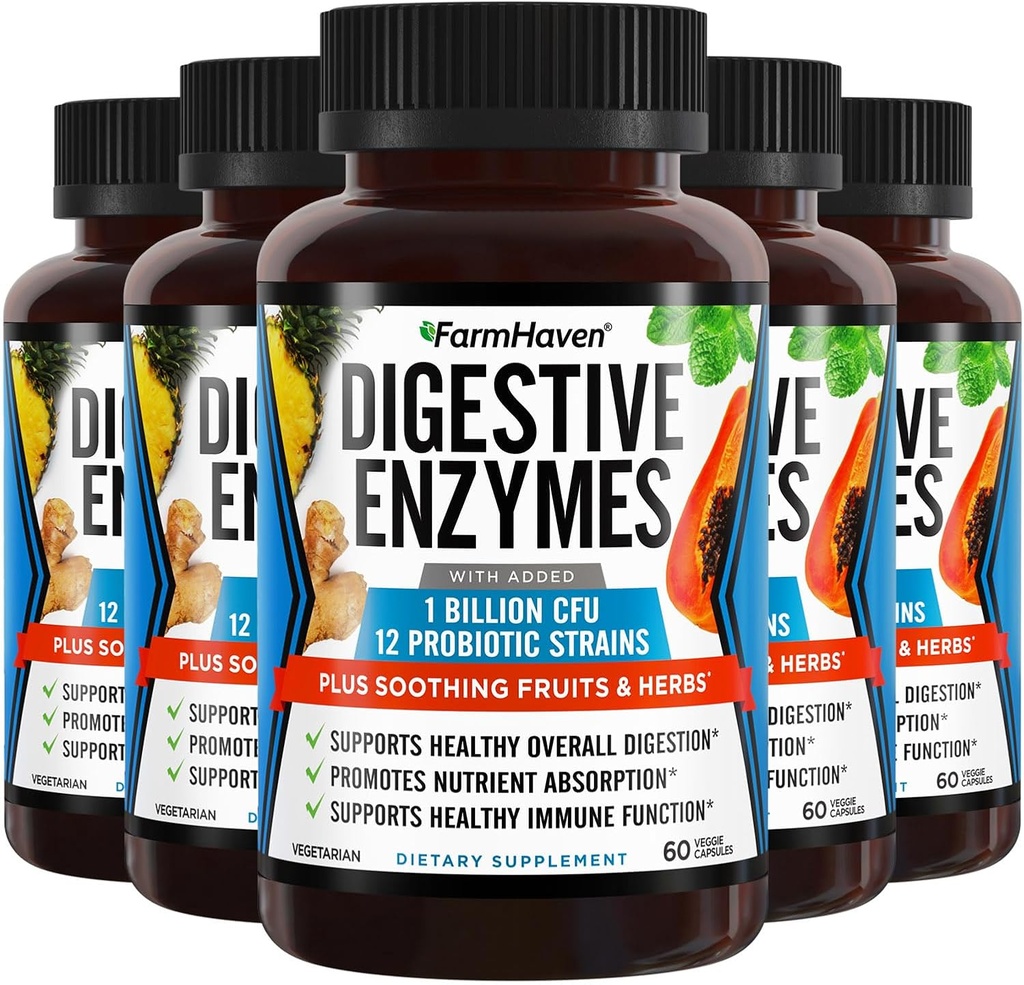 FarmHaven Enzimi Digestivi con 18 Probiotici & Erbe | Papaya, Bromelain, Protease & More per Assorbimento Lattosio & Migliore Digestione | Aiuta Bloating, Gas, Costipazione | Vegetariano, 300 Capsule