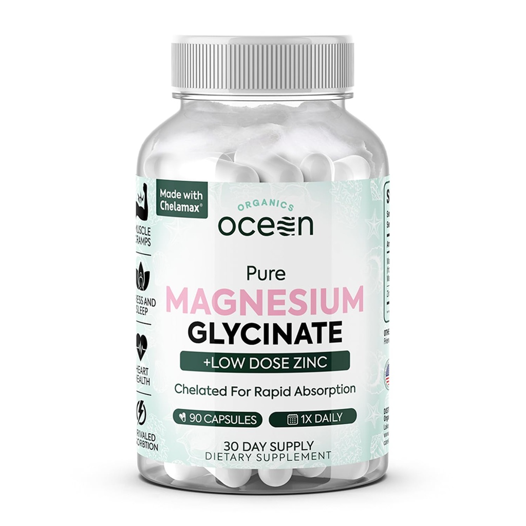 Organics Ocean Pure Magnesium Glycinate con zinco - Massima resistenza Chelated Magnesium Supplemento per le donne e gli uomini per le gomme muscolari e il sostegno al sonno - 90 Capsule
