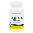 Natures Plus Folic Acid (metilfolato) - 800 mcg, 90 compresse vegane - Supporta la crescita sana dei tessuti - Vegetariano, senza glutine - 90 Serve