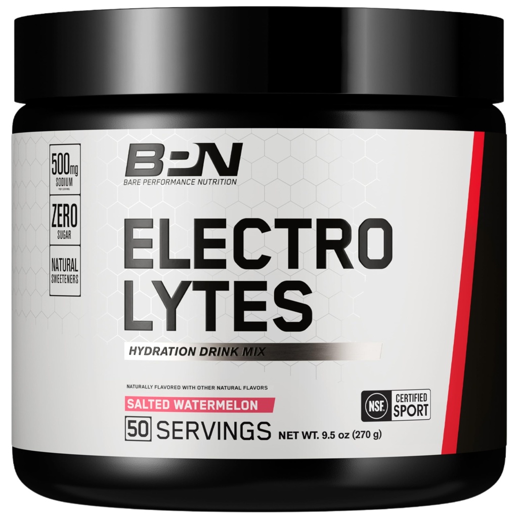 BARE PERFORMANCE NUTRITION BPN Electrolytes Hydration Drink Mix | Polvere di elettrolita senza zucchero | 500mg Sodio per porzione | Anguria salata, 50 Serve