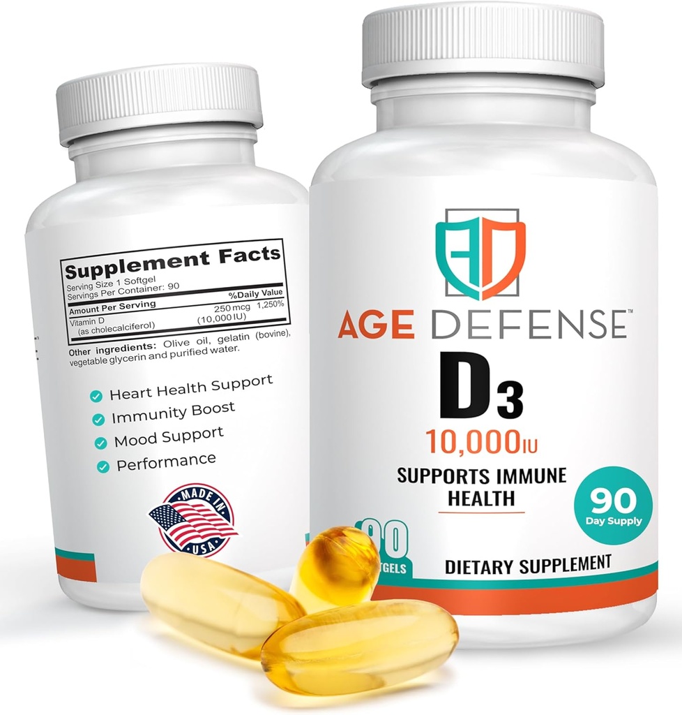 Vitamina D3 10000 IU - 90 Vitamina D 10000 IU Softgels per la salute del cuore, supporto immunitario, Clarity mentale e supporto per la funzione muscolare - Alta dose Vitamina D3 Compresse per uomini e donne- 250 mcg