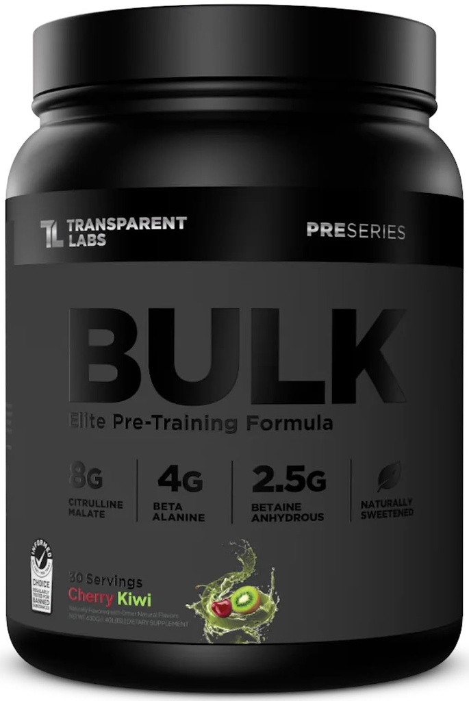 Labs trasparenti Bulk Black Pre Workout - Clinicamente Dosed, Sugar Free Preworkout per gli uomini e le donne con Beta Alanine Powder, Citrulline Malate, & Caffeine - 30 Serve, Cherry Kiwi