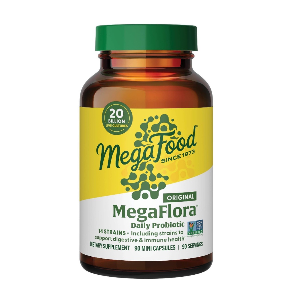 MegaFood MegaFlora Probiotici - Probiotici per la salute digestiva delle donne - Integratore di supporto immunitario - 20 miliardi di CFU - 14 Strains - Non OGM - Vegetariano - 90 Mini Capsule (90 Serve)