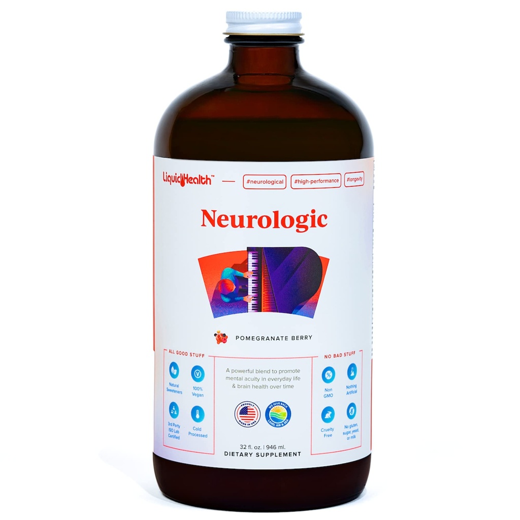 LIQUIDHEALTH Neurologic Focus Supplement - Brain Booster Nootropic Supplemento per funzione cognitiva, Memoria e messa a fuoco con Ginkgo Biloba, Choline, L-teanina & Phosphatidylserine - USA Made (32 oz)