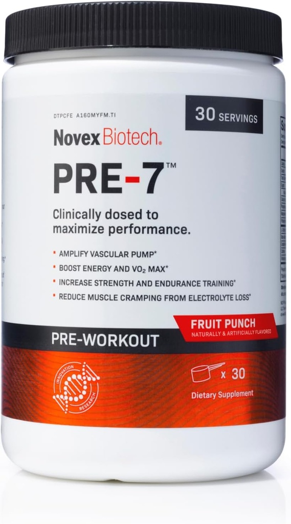 Polvere pre-allenamento Novex Biotech PRE-7 per gli uomini - Boost Energy, Focus e VO2 max, Idratazione di supporto durante l'esercizio prolungato*, Punch di frutta