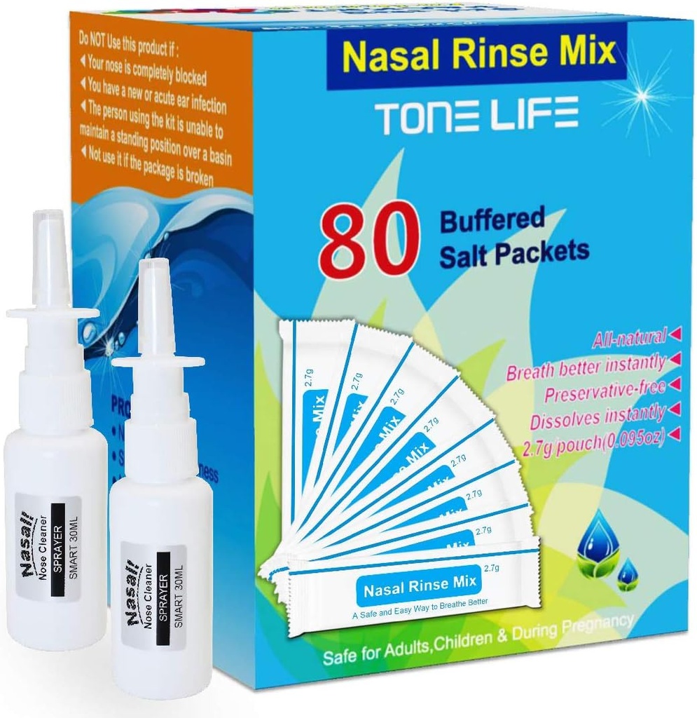 TONELIFE 80 Count Saline Nasal Care Refills +2 Nasal Sprayer - Nasal Salt 2.7g Ogni sacchetto | Kit di ricarica | 80 Buffered Salt Packets | per 300ml 500ml Sinus Rinse Kit-Nose Cleaner-Nasal Wash Bottiglia