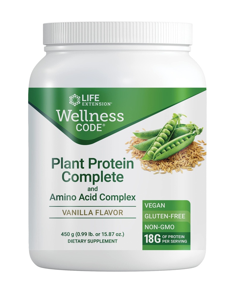 Life Extension Wellness Code® Plant Protein Complete & Amino Acid Complex (Vanilla), Plant-Based Protein Powder Plus ramificato-Chain Aminoacidi, Senza glutine, Non OGM, Vegetariano, 450 Grammi