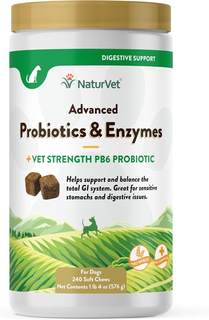 NaturVet Advanced Probiotics & Enzymes, PB6 Dog Soft Chews per aiutare gli stomach sensibili e problemi digestivi, Hickory Smoked Bacon Flavored Pet Supplement per i cani oltre 6 settimane, 240 Conte Jar