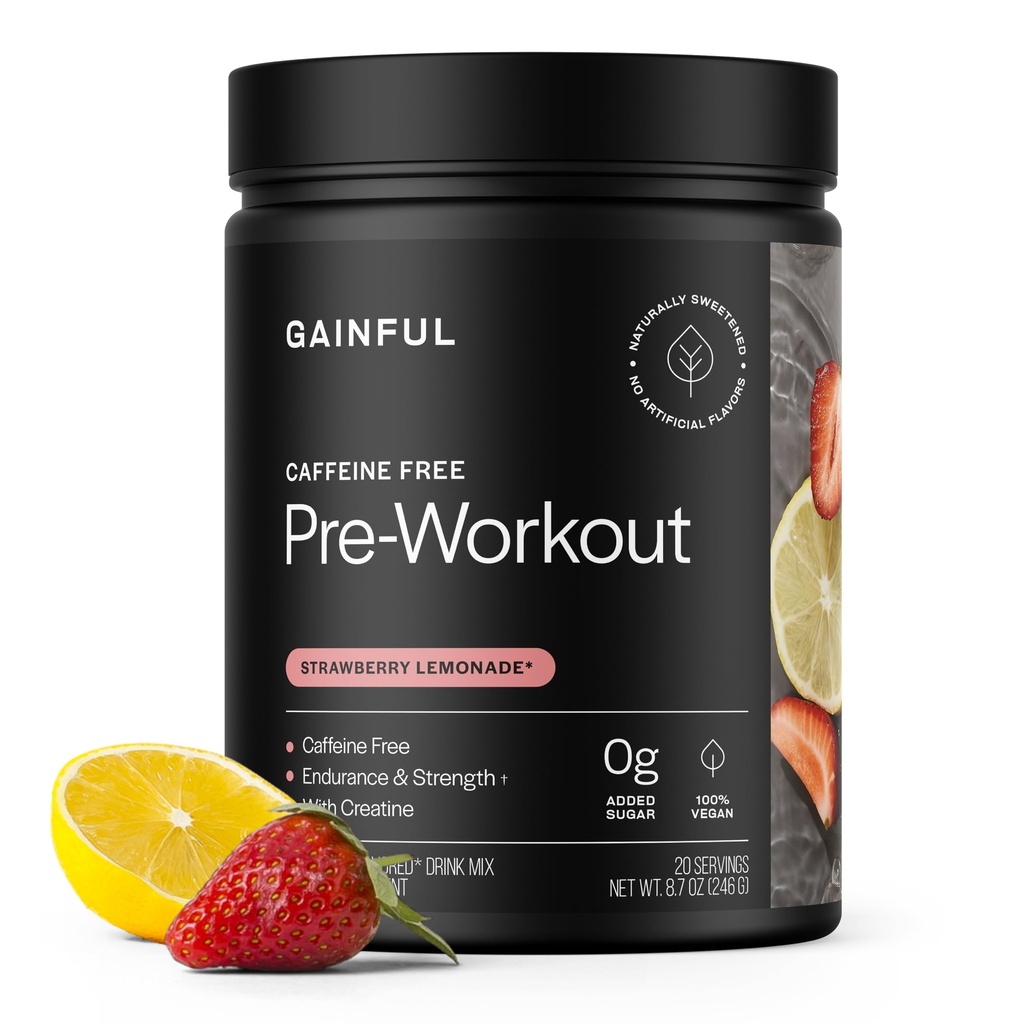 Gainful Caffeina Free Pre Workout Polvere con Creatina, Fragola Limonata Flavor, Supporta la resistenza, Endurance, & Recovery, BCAAs, Beta Alanine, L-Citrulline, No ingredienti artificiali, 20 Servings