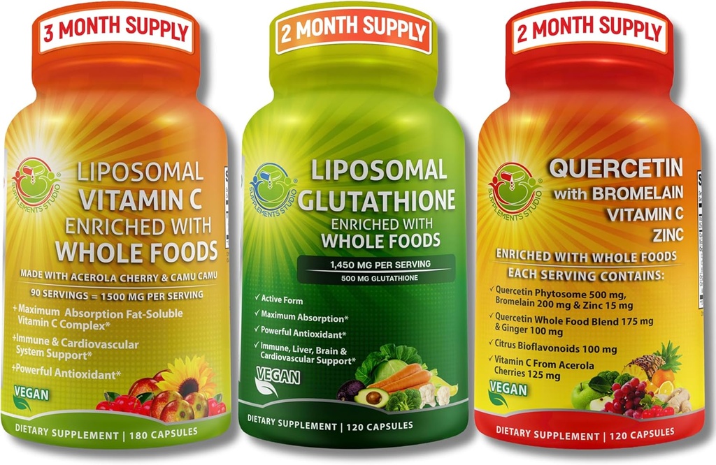 Bundle di sostegno Immune e Antiossidante a base vegetale completo - Vitamina Liposomal C 1500mg + Glutathione Liposomal 500mg + Quercetina con Bromelain, Zinc & Vitamina C – Vegan, Formula di assorbimento potenziato
