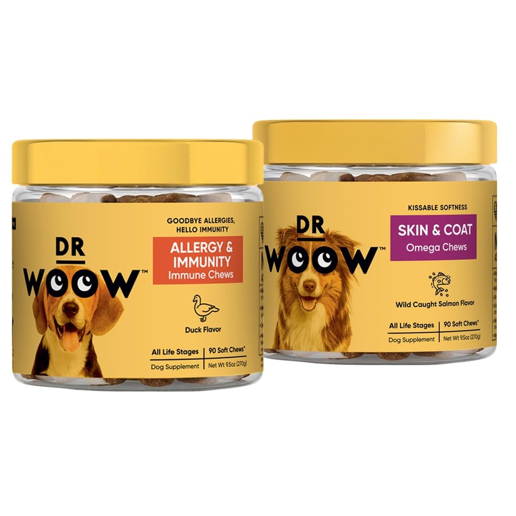 Pre, Pro, PostBiotic+ Salmone SkinHealth Soft Chew Supplement Bundle - Vitamine di cane, Zinco, Biotina, Probiotici, Omega 3 Fish Oil e Wild Alaskan Salmon Oil, Cure Itchy Skin