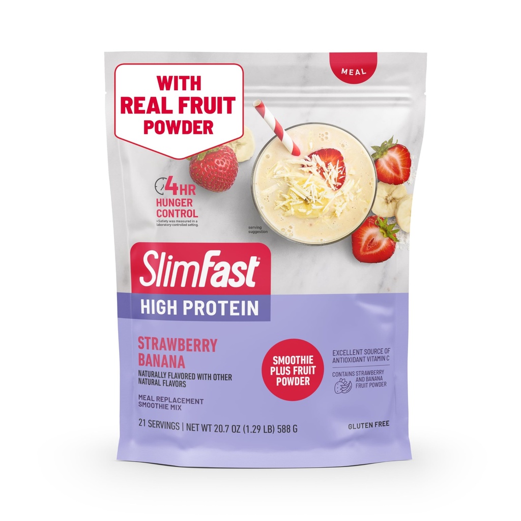 SlimFast High Protein Smoothie Mix Plus Fruit Powder, Alta Protein Meal Sostituzione Polvere, Fibra, Vitamina C, 21 Servings, 1.29 Pounds, Strawberry Banana (Packaging May Vary)