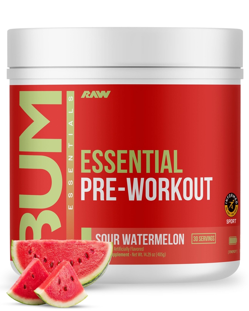 Polvere essenziale di pre-allenamento RAW (Sour Watermelon) - Chris Bumstead Integratore di nutrizione sportiva per uomini e donne - Polvere di energia pre-allenamento con caffeina, L-Citrulline, L-Tyrosina, & Beta Alanine Blend