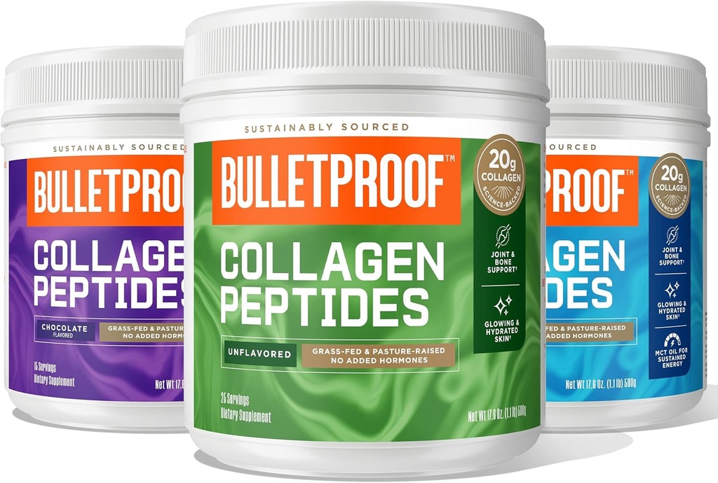 Peptidi di collagene non aromatizzati a prova di proiettile 18g Proteine, 17.6 OzoChocolate Peptidi di collagene con olio di MCT, 19g Protein, 17.6 Ozono hanilla Peptidi di collagene con olio di MCT, 19g Protein, 17.6 Oz