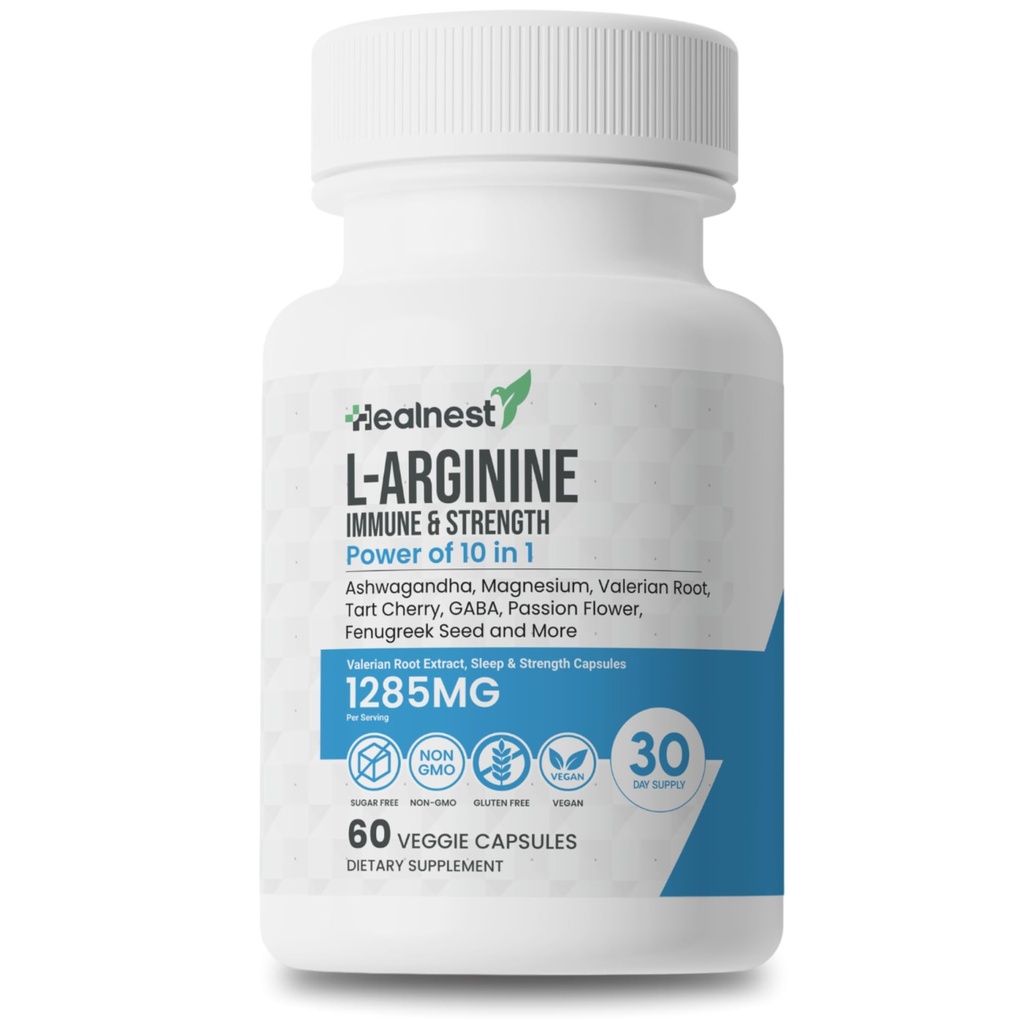Capsule L-Arginina - 1285MG Miscela di Ashwagandha, L-teanina, Magnesio, GABA, Zinc & Tart Cherry – Recupero del muscolo, Rilievo di stress, Supporto del mood – Non OGM, 60 capsule vegetali per gli uomini e le donne
