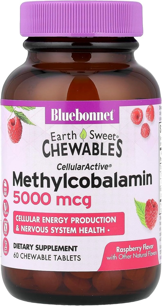 BlueBonnet Nutrition Earth Sweet® Chewables, CellularActive® Methylcobalamin, Raspberry, 5000 mcg, 60 compresse masticabili