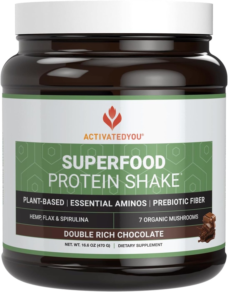 ACTIVATEDYOU Superfood Protein Shake -Vegan Plant Protein Powder - with Organic 7 Mushroom Blend, Spirulina e GoldRella Chlorella - Promuove l'integrità muscolare, Cioccolato Flavor (15 Serve)