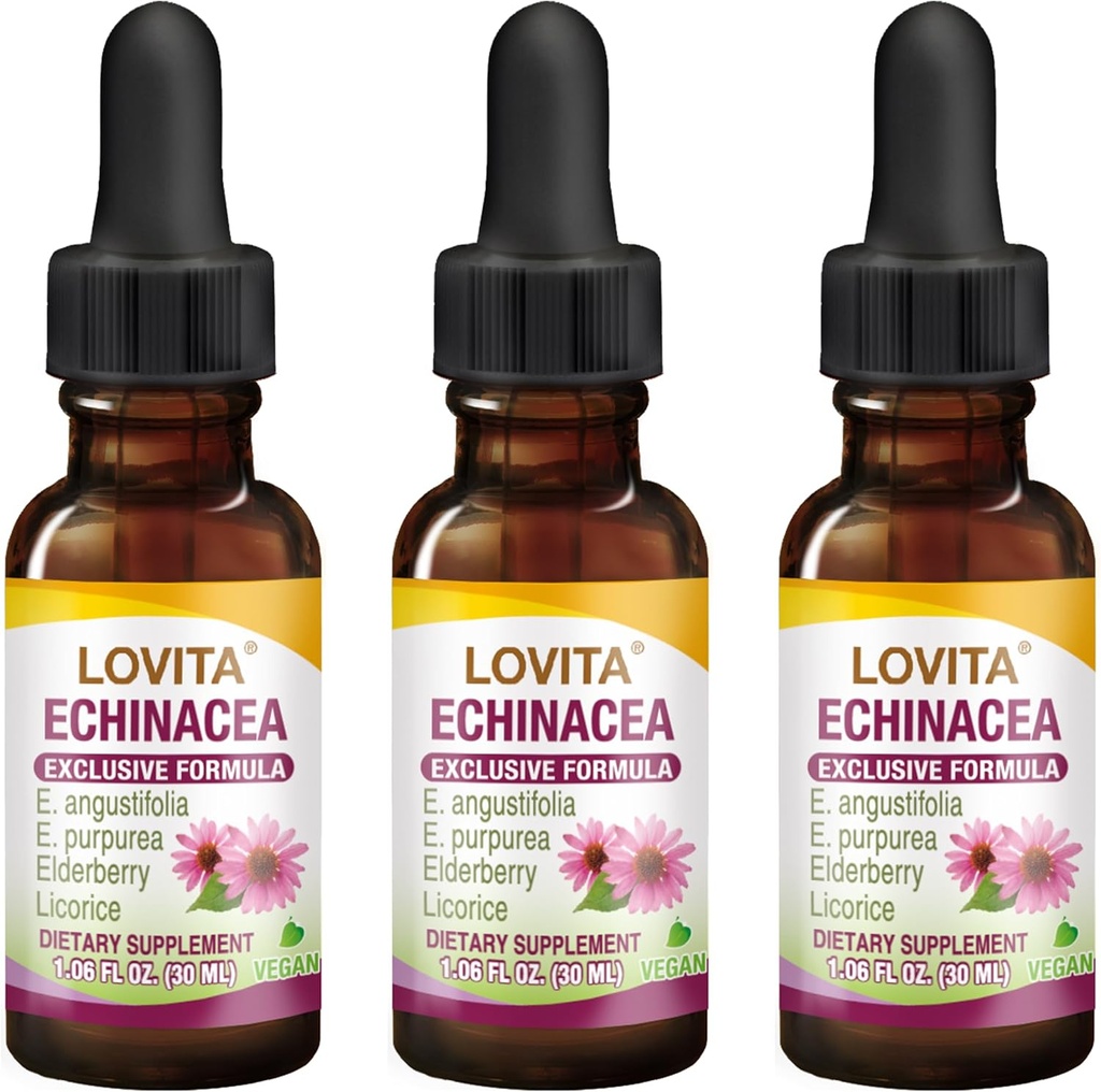 Lovita Echinacea Extract Liquid | 1 FL OZ | 350 mg per Serve | Tintura di erbe concentrata | Vegan | Alcohol-Free | con Estratto di mirtillo e liquirizia (Pack of 3)