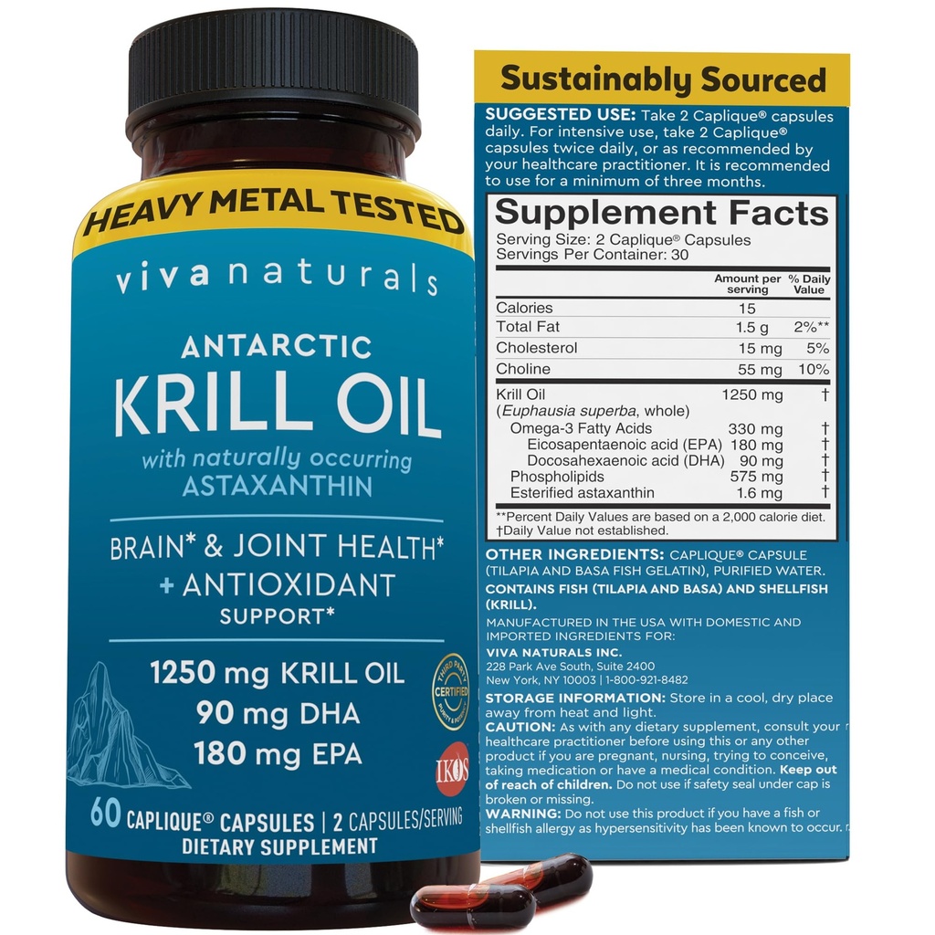 Viva Naturals Antarctic Krill olio Omega 3 Integratori 1250 mg - DHA EPA Omega-3 & Astaxanthin Concentrazione per la salute comune, No Fish Burp - 60 Krill olio capsule