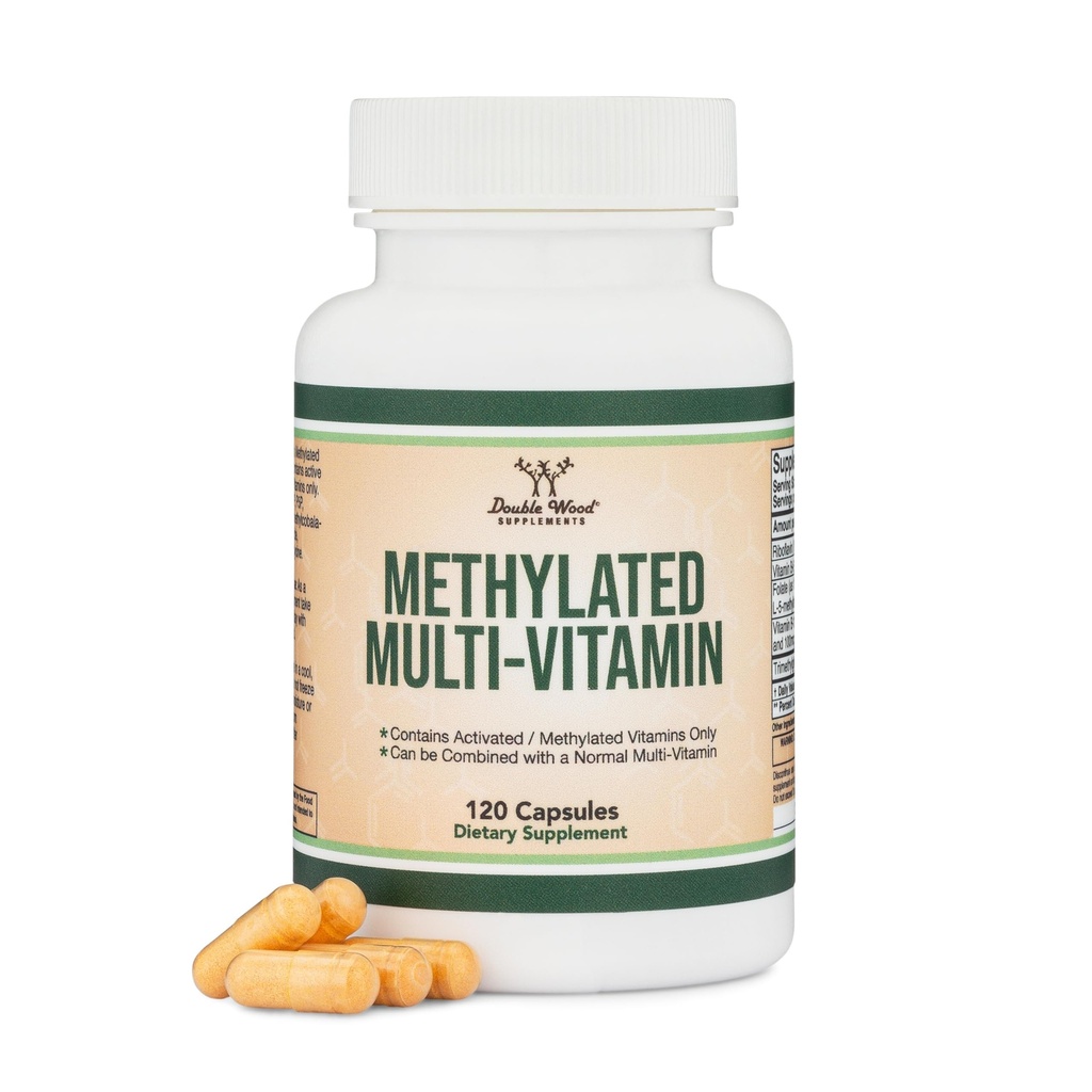 Multivitamina metilata (solo vitamine metilate e attivate - Complesso B metilato con trimetilglicina (TMG) e metilfolato) (non OGM, Gluten Free MTHFR Supplemento) 120 capsule di legno doppio