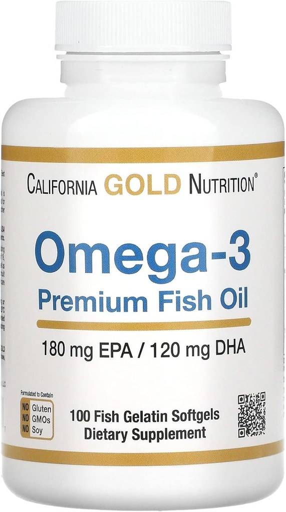California Gold Nutrition Omega-3 Premium Fish Oil, Formula concentrata con EPA & DHA, Supporto per il profilo lipidico ottimale e il sistema immunitario, senza glutine, non OGM, 100 Fish Gelatin Softgels