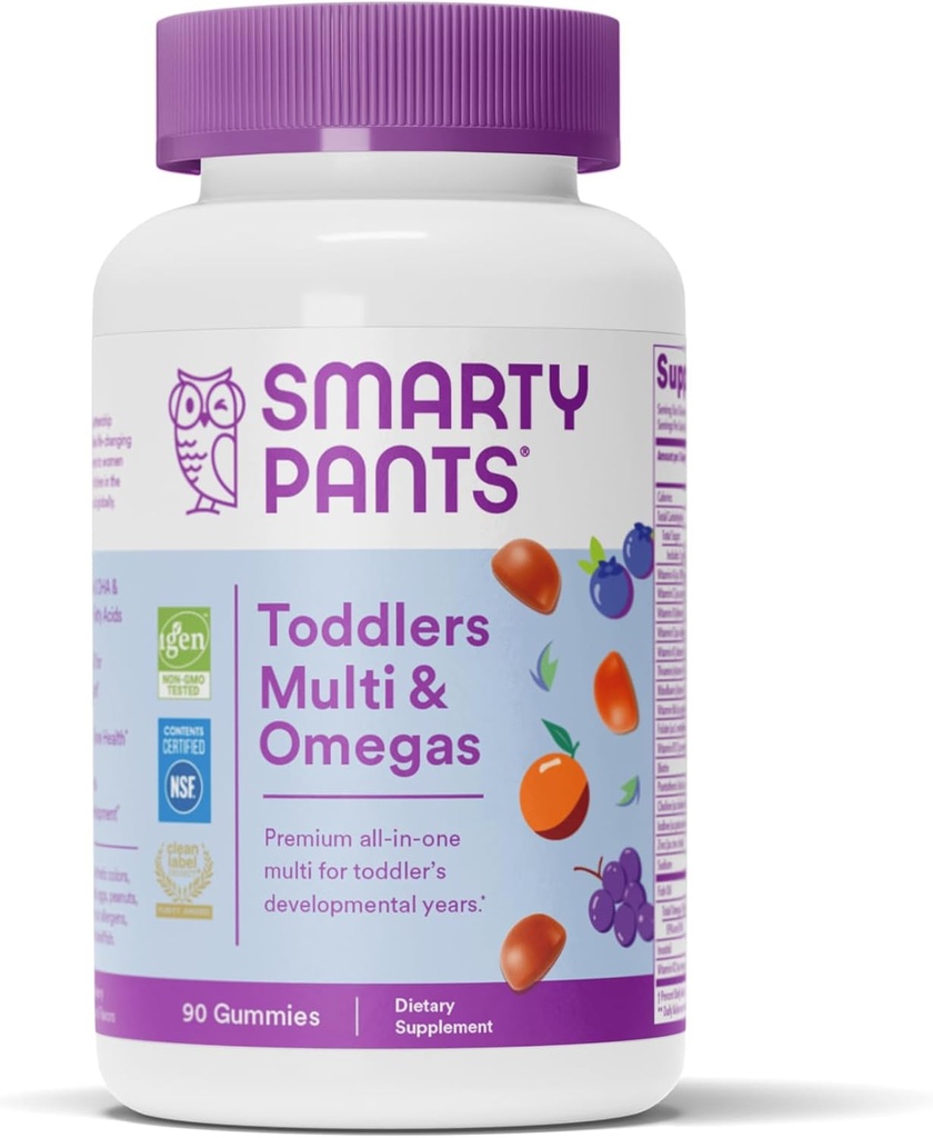 SmartyPants Toddler Multivitamin Gummies: Omega 3 Fish Oil (EPA/DHA), Vitamina D3, C, Vitamina B12, B6, A, K & Zinc, Biotin, Beta Carotene, Gluten Free, Tre Sapori di Frutta, 90 Contenitore (30 giorni)
