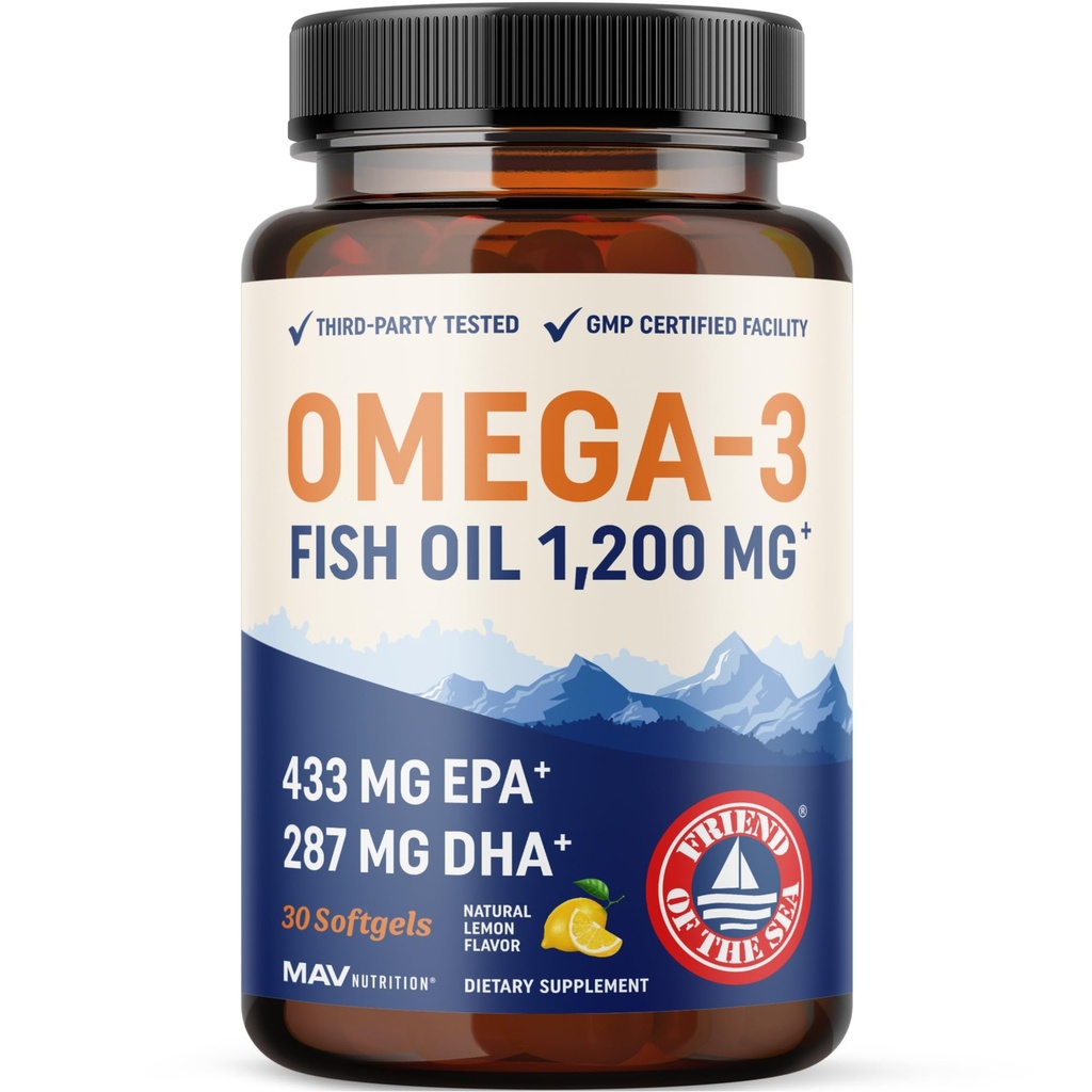 Triple Strength Omega 3 Fish Oil 1200 mg | EPA & DHA | Wild Caught, Sustainably Sourced Omega-3 Grassty Acids | Premium Burpless Fish Oil Supplements | Non-GMO, Third-Party Tested | 30 Softgels
