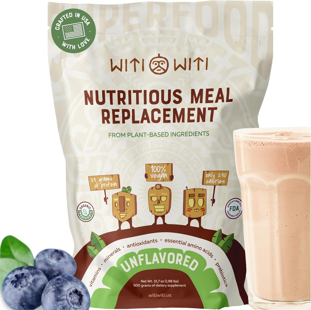 WitiWiti Vegan Meal Sostituzione, Non aromaed - Polvere proteica vegetale 23g - Superfood, Verdi, Prebiotici, Vitamine e Minerali - Dairy&Gluten Free - Tutto in una Shake per le donne e gli uomini, 15 Svgs