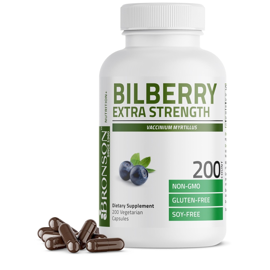 Bronson Bilberry Extra Strength Vaccinium Myrtillus, promuove la salute degli occhi e supporta la visione sana - Non OGM, 200 capsule vegetariane