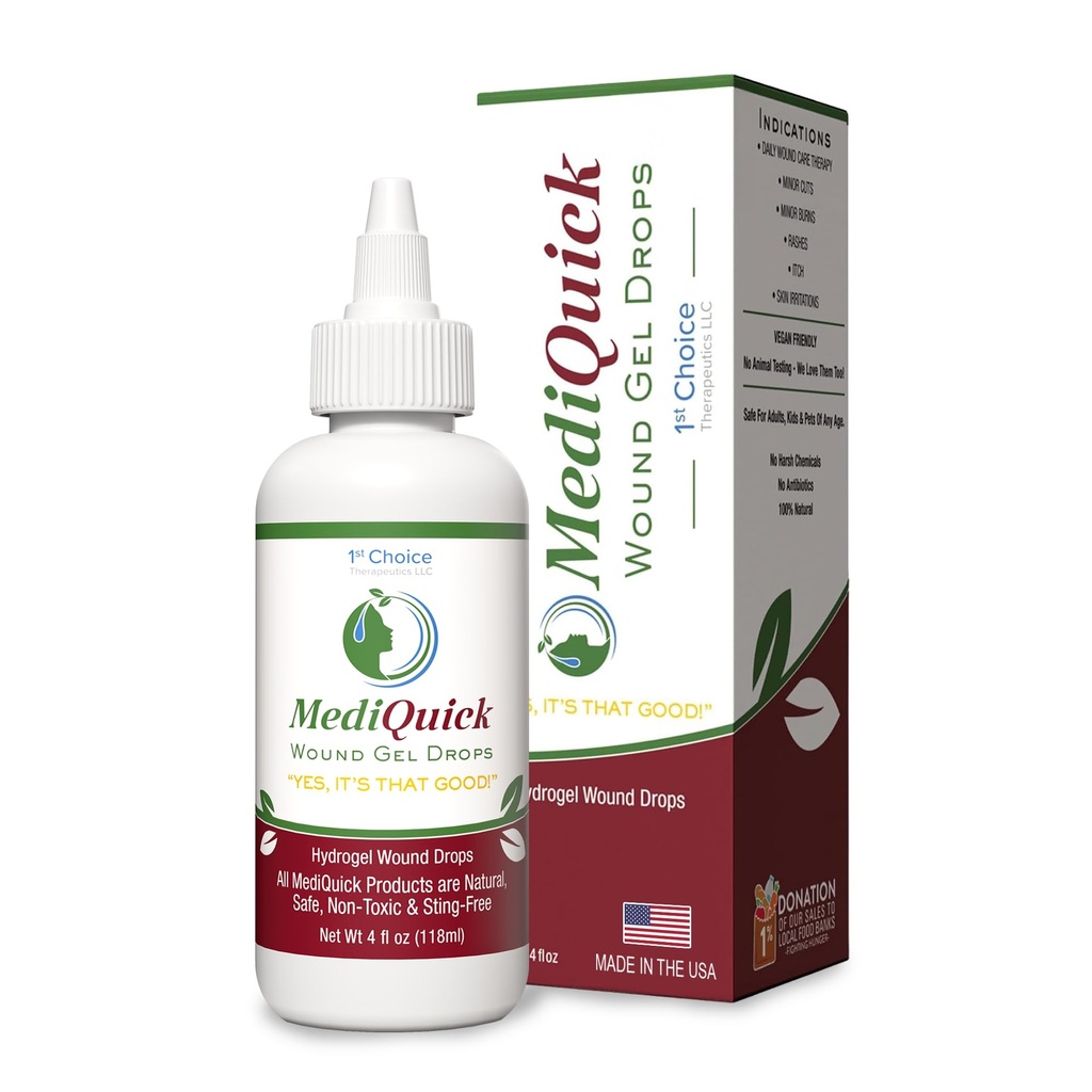 MediQuick Skin & Wound Care Hydrogel Drops - Guarigione rapida Gocce di pronto soccorso con 12 ore Azione per guarire Tagli, Bruciazioni, Inflammazione, Rash, Itch, Eczema & More - Lavaggio sicuro con No-Sting - 4 Fl Oz