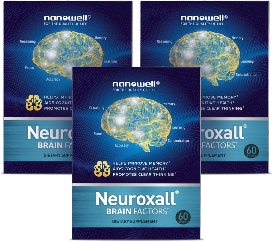 NANOWELL Neuroxall Brain Health Supplemento per la funzione cognitiva migliorata e Clarity mentale, Astaxanthin, Ginkgo Biloba Extract, Antiossidante - 60 Softgels X 3 scatole per 3 mesi (180 conteggio)