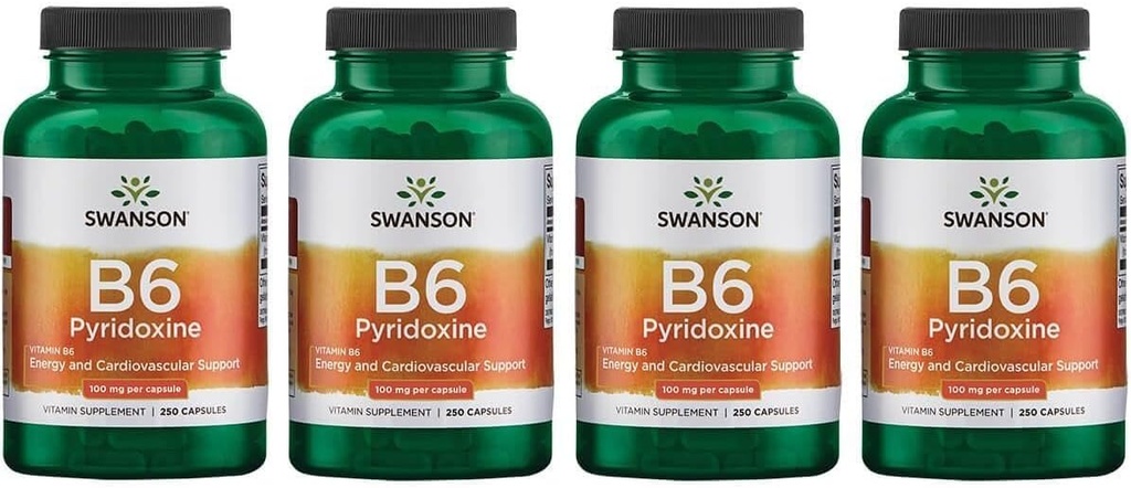 Swanson B6 Pyridoxine - Integratore di vitamina Promuovere il metabolismo della salute e dell'energia cardiovascolare - Formula naturale Promuovere il benessere generale - (250 capsule, 100 mg ogni) (4 pacchetti)