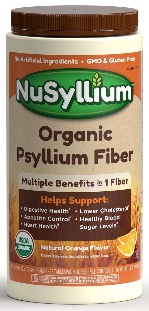 NuSyllium Psyllium Husk Powder, USDA Organic, 30.5 Oz, Supplemento di fibra alimentare con zucchero marrone, aiuta la salute digestiva* Arancione naturale, 72 Serve