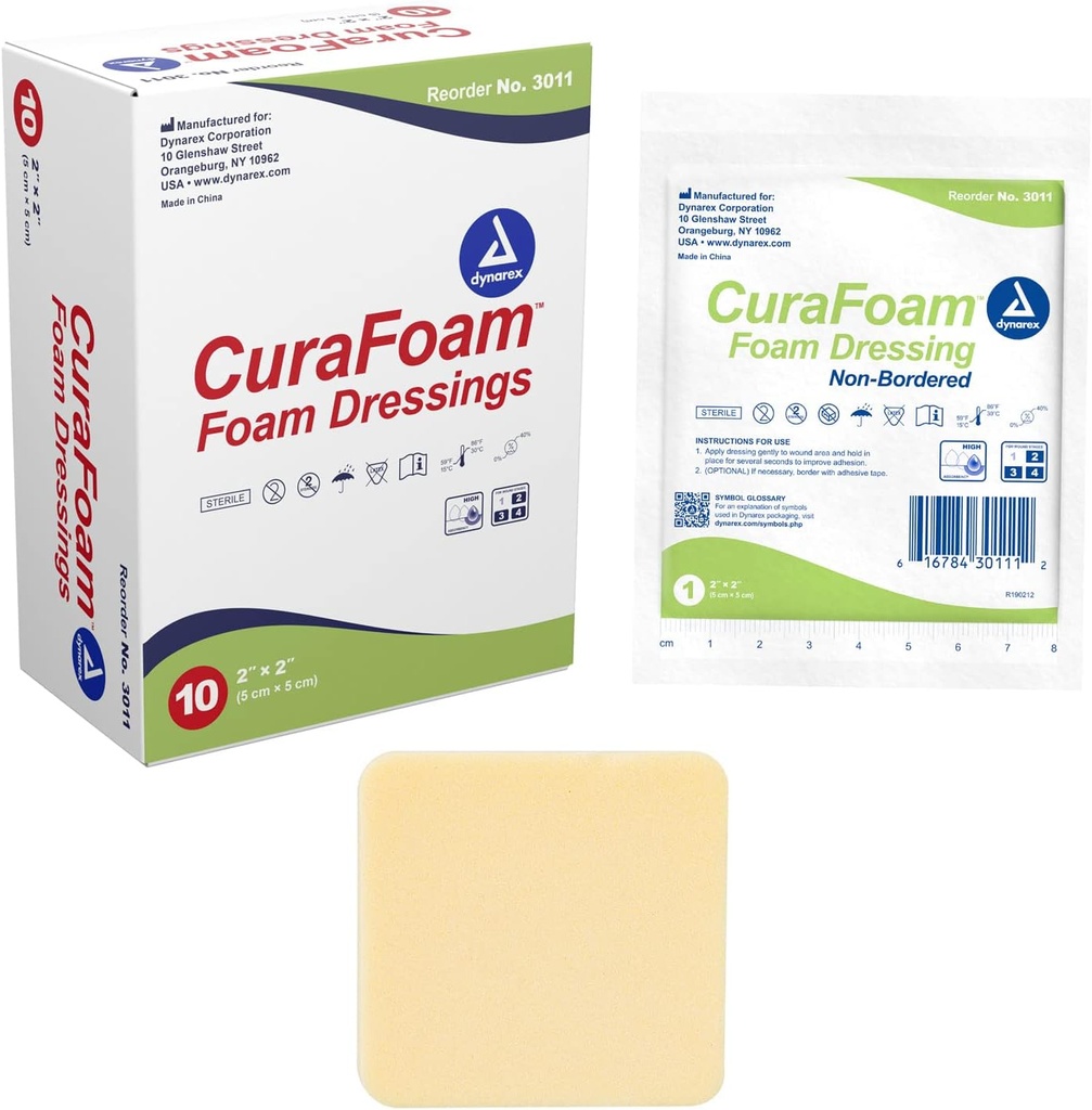 Dynarex 3011 CuraFoam Foam Dressing, Non ordinato, Sterile, Fornisce Cuscinetto Cuscino Cuscino, 2" x 2", Confezione da 10