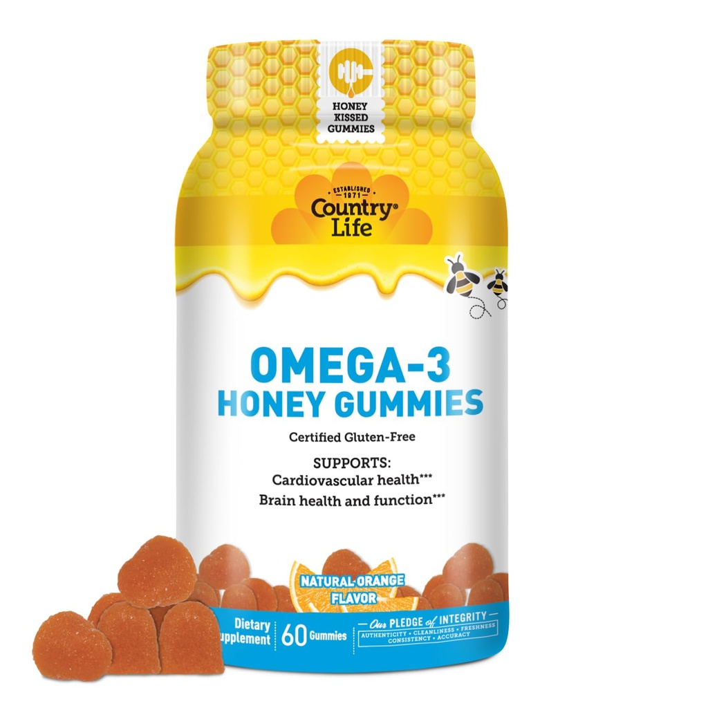 Country Life Omega-3 Honey Gummies – Cardiovascular & Brain Health Support – Non OGM, Certified Gluten Free – naturalmente addolcito – 60 Gummies