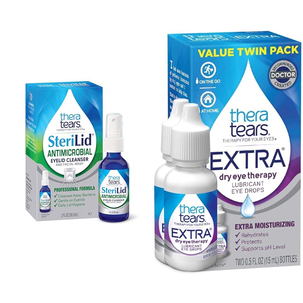 TheraTears Extra Dry Eye Therapy Lubricating Gocce per occhi secchi, fl oz Bottiglia, 2 Conte & SteriLid Eyelid Cleanser e Face Wash, per occhi irritati, 2 fl oz Spray