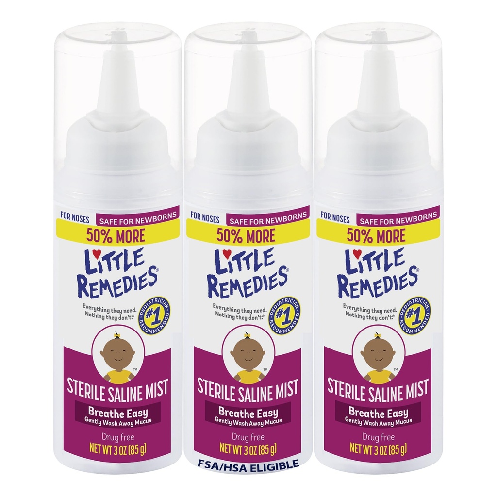 Little Remedies Sterile Baby Saline Nasal Mist, Sicuro per i neonati a Alleviare i Nosi Soffici e Asciugati, 3 Fl Oz, Confezione da 3