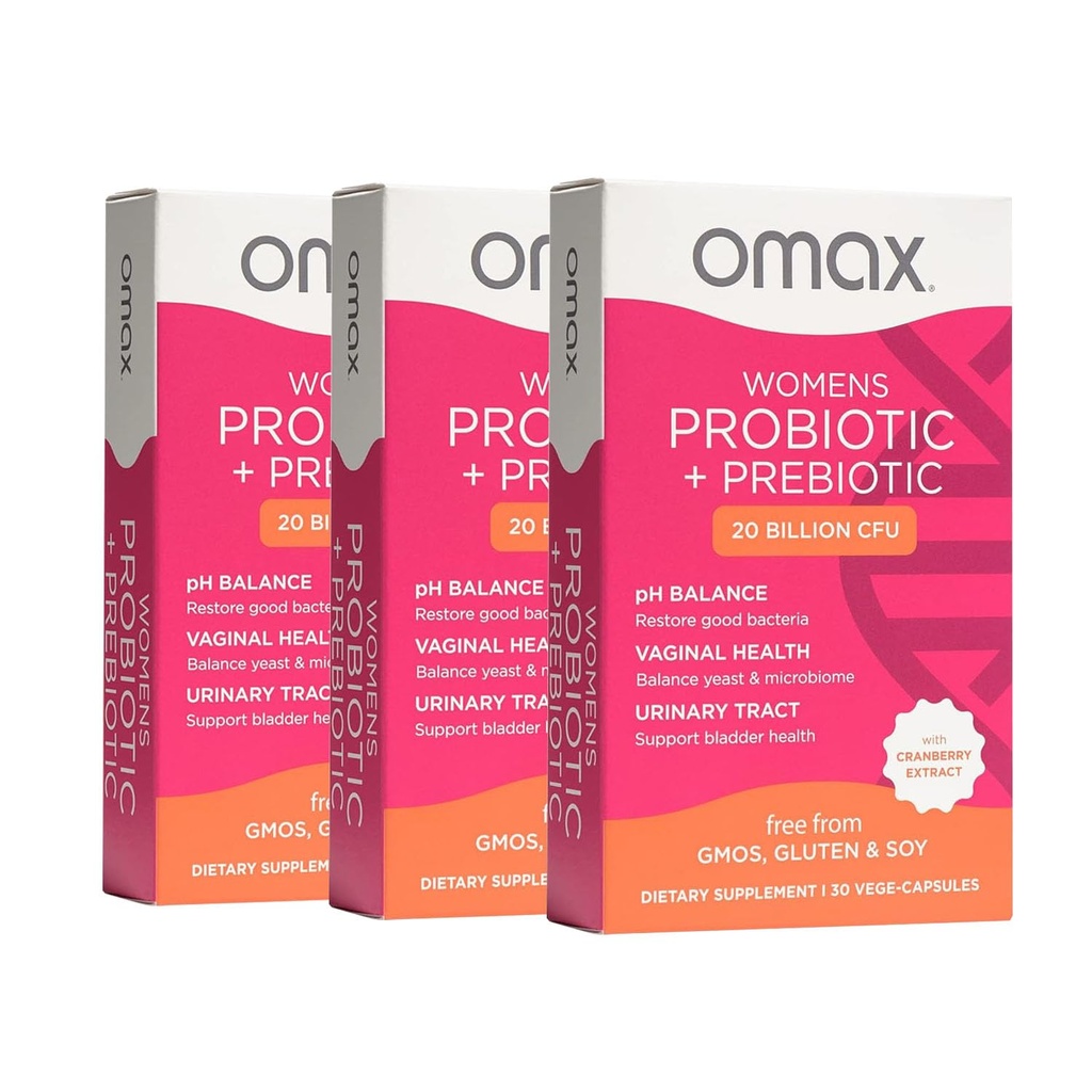 Omax3 Donne Probiotico + Prebiotico, Cranberry & Chicory Root, 20 miliardi di CFU, 6 Strains clinicamente provati, pH vaginale, UTI, Bloating, (Packaging May Vary)