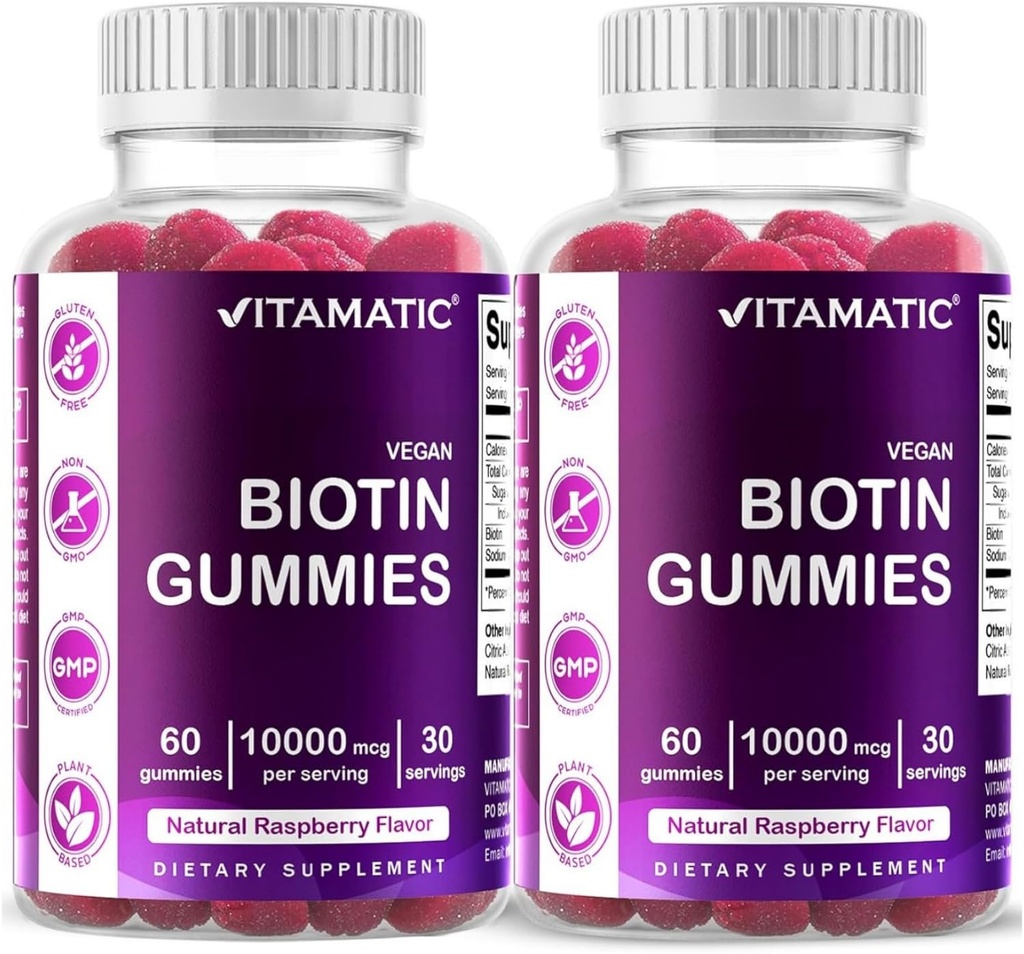 Vitamatic Biotin Gummies 10.000 mcg per capelli più forti, pelle e unghie - 60 Vegan Gummies - Chiamata anche vitamina B7 (2 bottiglie)