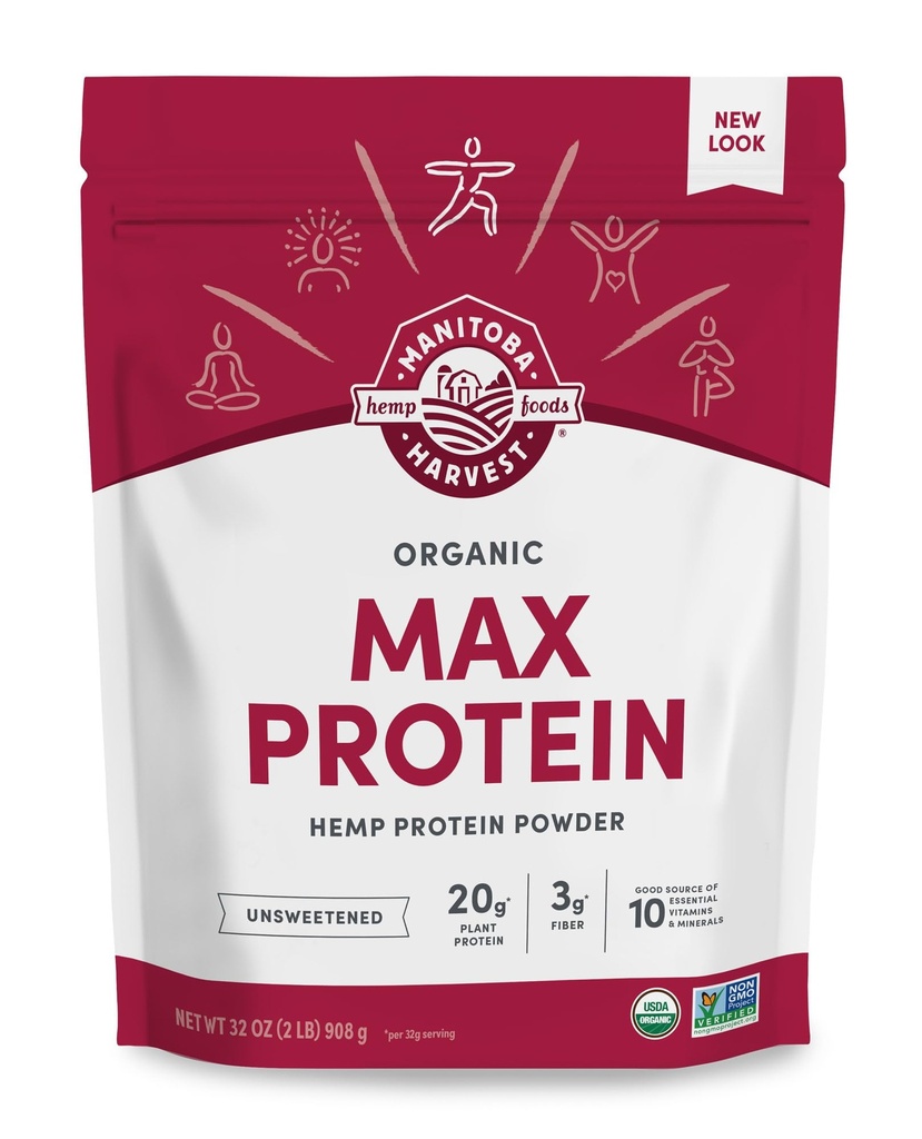 Manitoba Harvest Hemp Si Organic Max Protein Powder, Unsweetened, 32oz, con 20g Protein e 4.5g Omegas 3&6 per Serving, Keto-Friendly, Preservative Free, Non-OGM, Packaging May Vary