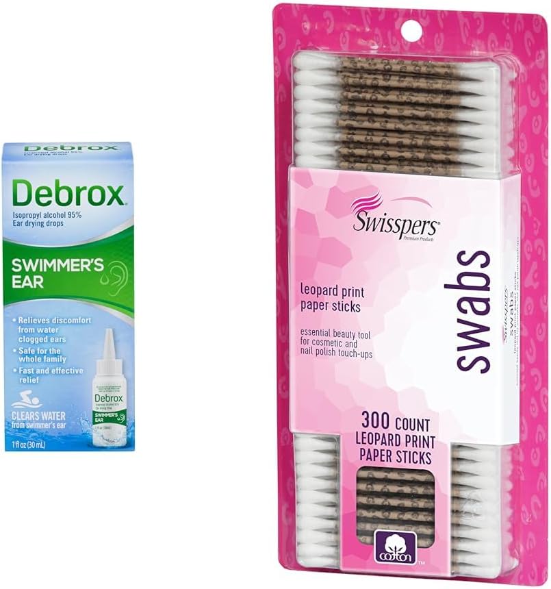 Gocce dell'orecchio di Debrox Swimmer, 1 Fl Oz & Swisspers Premium Cotton Swabs, 300 Conte per il sollievo dell'orecchio intasato dell'acqua